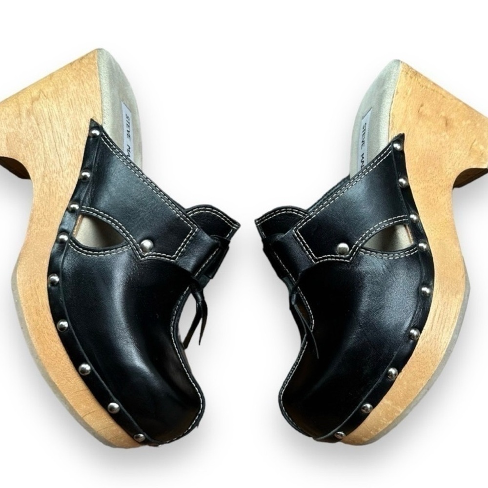 Y2K Vintage Steve Madden Dillie Black Leather Wooden Sole Clogs | Size 7